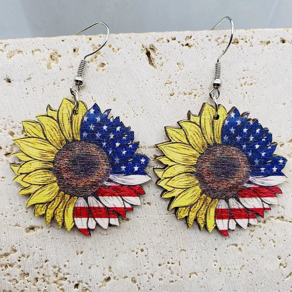 Wholesale Handmade Wooden Women's Earrings With Sunflower And Leopard Pattern Geometric And Drop Shaped Design