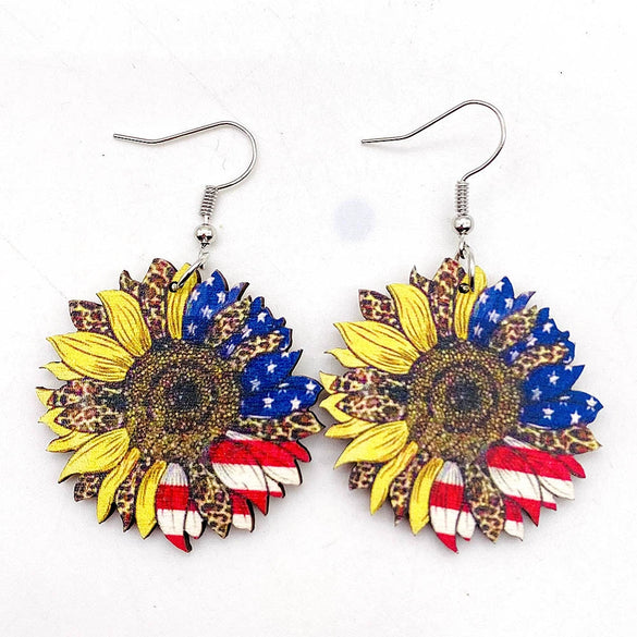 Wholesale Handmade Wooden Women's Earrings With Sunflower And Leopard Pattern Geometric And Drop Shaped Design