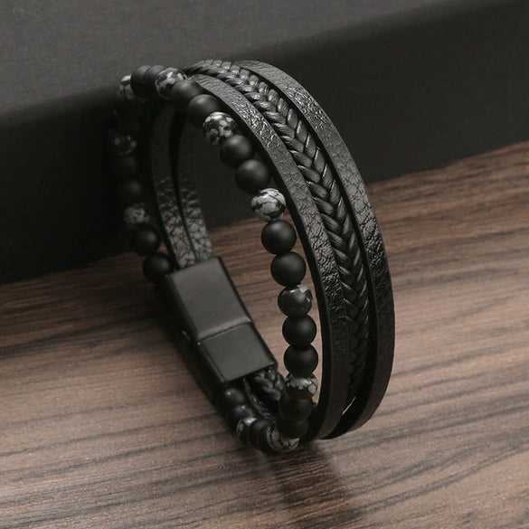 Wholesale Handmade Woven Men's Natural Obsidian Beaded Bracelet With Geometric Pattern