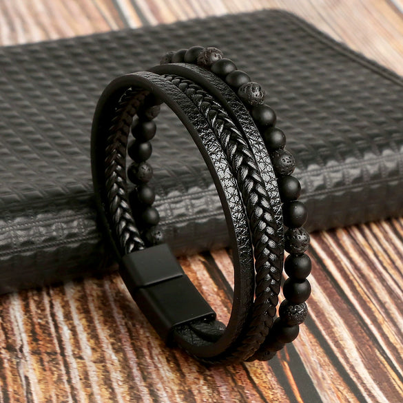 Wholesale Handmade Woven Men's Natural Obsidian Beaded Bracelet With Geometric Pattern