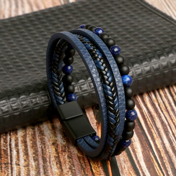 Wholesale Handmade Woven Men's Natural Obsidian Beaded Bracelet With Geometric Pattern