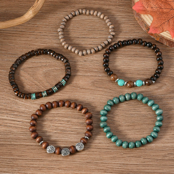 Wholesale Handstring Zinc Alloy Life Tree With Geometric Pattern Handmade Wooden Beads Vintage Style