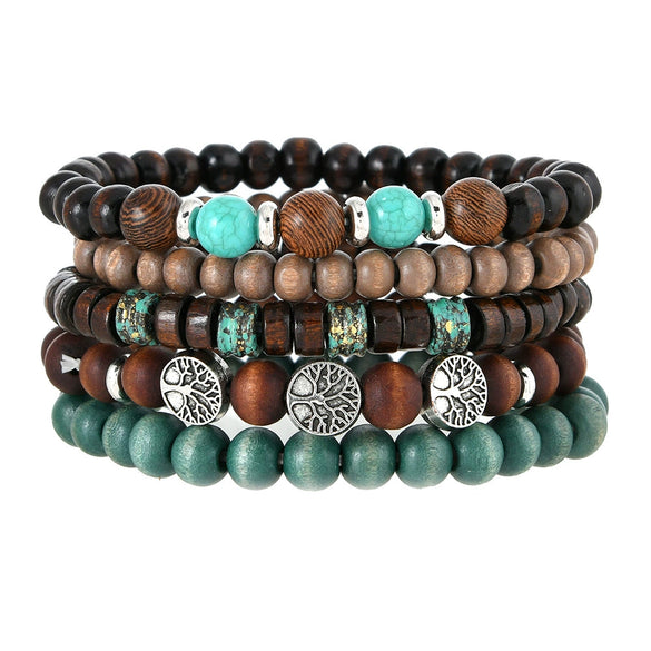 Wholesale Handstring Zinc Alloy Life Tree With Geometric Pattern Handmade Wooden Beads Vintage Style
