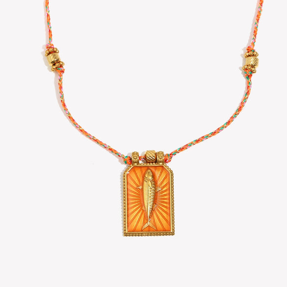 Wholesale Handwoven Colored Rope Geometric Stainless Steel 18K Gold Electroplated Tarot Necklace For Women