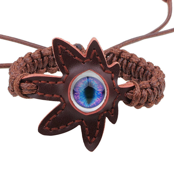 Wholesale Handwoven Leather Bracelet With Luminous Stone Devil's Eye And Leaf Pattern