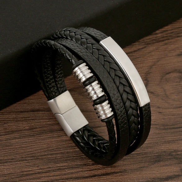 Wholesale Handwoven Leather Bracelets With Stainless Steel Magnet Buckles And Geometric Pattern For Men Electroplated Jewelry