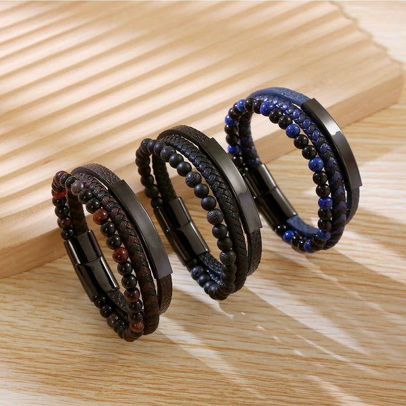 Wholesale Handwoven Stainless Steel Leather Bracelet Geometric Style For Men