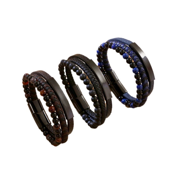 Wholesale Handwoven Stainless Steel Leather Bracelet Geometric Style For Men