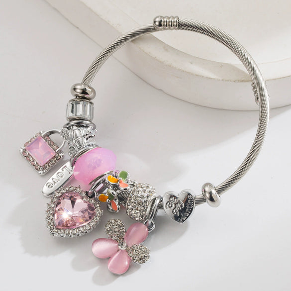 Wholesale Heart Flower Pendant Bracelet Stainless Steel Alloy Set With Diamonds Women's Fashion Plants Flowers Style