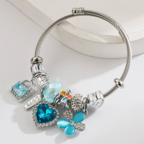 Wholesale Heart Flower Pendant Bracelet Stainless Steel Alloy Set With Diamonds Women's Fashion Plants Flowers Style