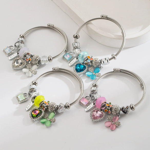 Wholesale Heart Flower Pendant Bracelet Stainless Steel Alloy Set With Diamonds Women's Fashion Plants Flowers Style