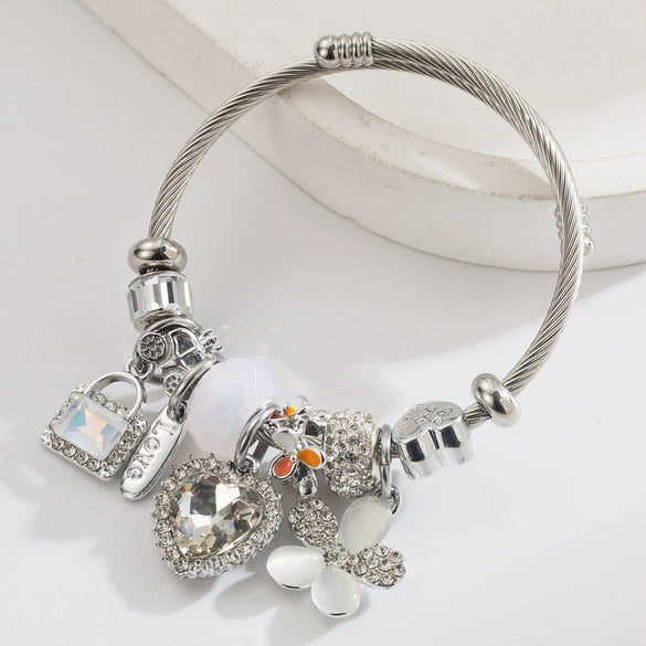 Wholesale Heart Flower Pendant Bracelet Stainless Steel Alloy Set With Diamonds Women's Fashion Plants Flowers Style
