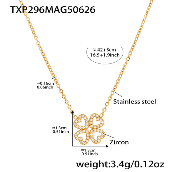 Wholesale Heart Fourleaf Flower Stainless Steel Jewelry Set With Green Glass Pendant And Electroplating For Women