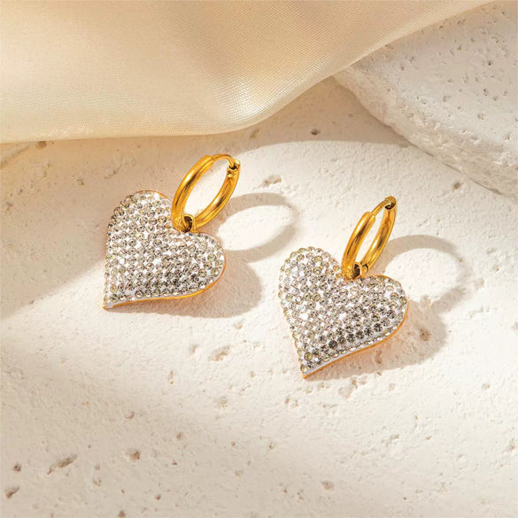 Wholesale Heart Full Diamond Pendant Heartshaped Titanium Steel Necklace Electroplating Jewelry Set For Women