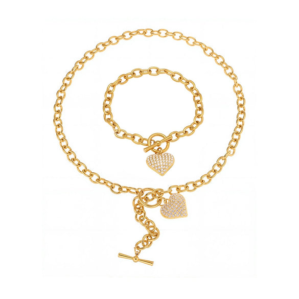Wholesale Heart Pendant Ot Clasp Collarbone Necklace And Bracelet In Stainless Steel With Real Gold Plated Electroplating For Women