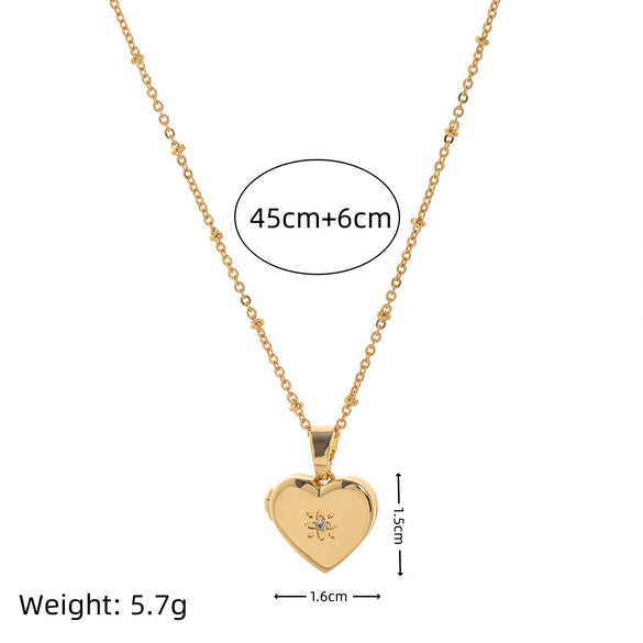 Wholesale Heart Shape Openable Photo Album Necklace With Zircon Copper And Titanium Steel Real Gold Plated O Word Chain