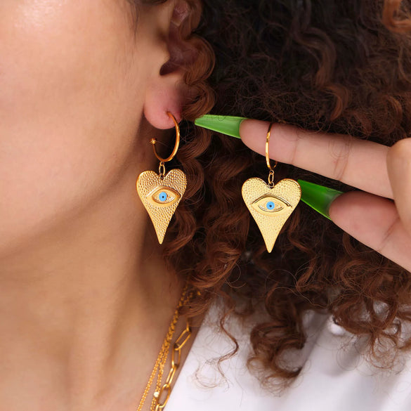 Wholesale Heart Shaped Devil's Eye Pendant Earrings And Multi Layer Necklace In Titanium Steel With 18K Real Gold Electroplated For Women