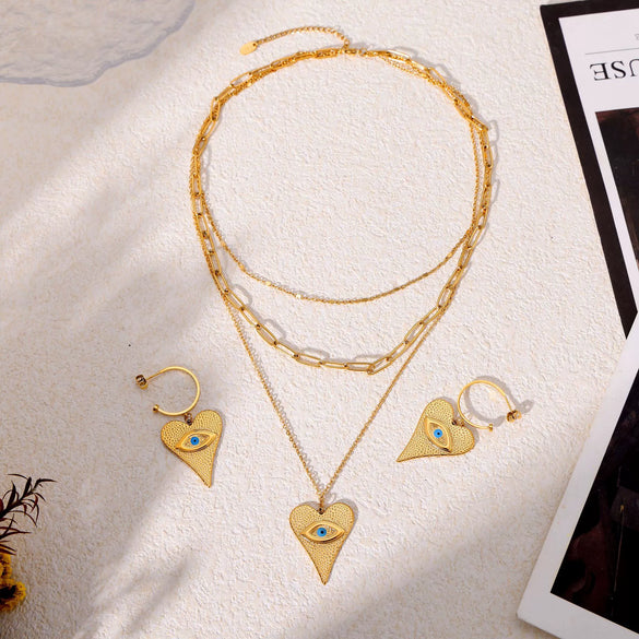 Wholesale Heart Shaped Devil's Eye Pendant Earrings And Multi Layer Necklace In Titanium Steel With 18K Real Gold Electroplated For Women