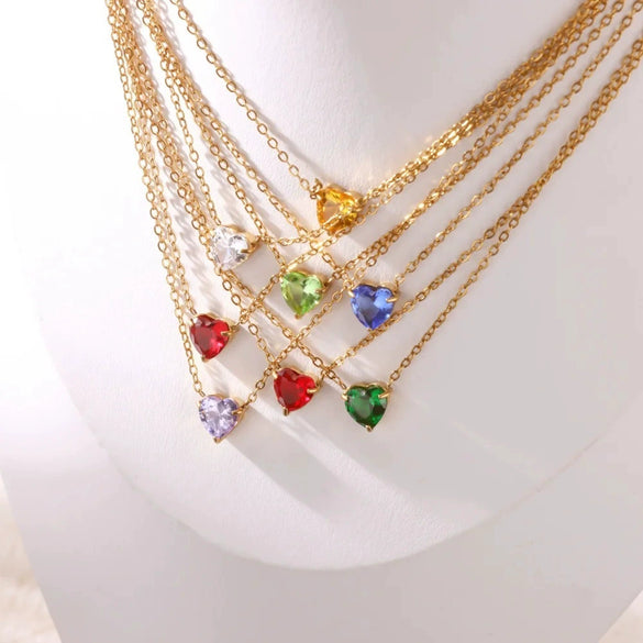 Wholesale Heart Shaped Stainless Steel Birthstone Necklace With 18K Gold Plated Electroplating For Women