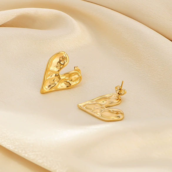 Wholesale Heart Shaped Stainless Steel Earrings With 18K Gold Plated Geometric Rock Surface For Women