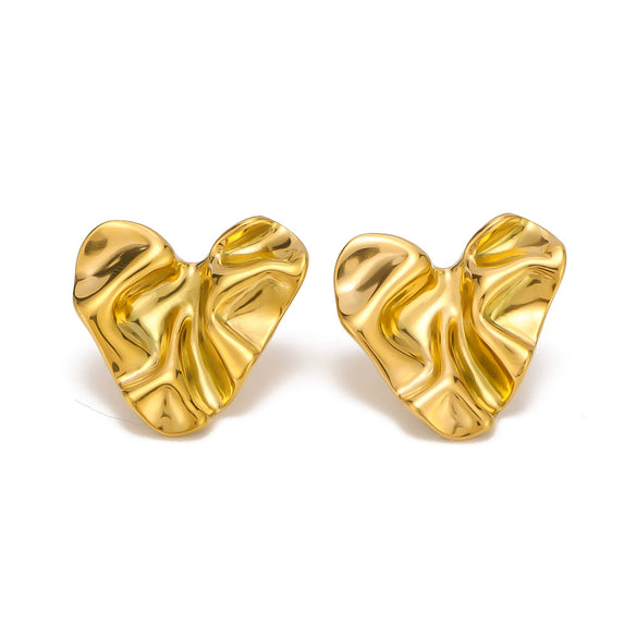 Wholesale Heart Shaped Stud Earrings For Women Glossy Pleated Stainless Steel 18K Gold Plated