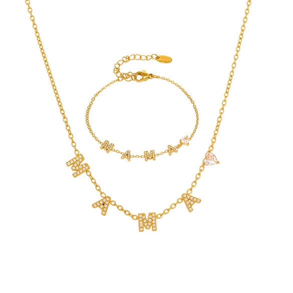 Wholesale Heart Shaped Super Flash Zircon Stainless Steel 18K Gold Plated Necklace Bracelet Set For Women