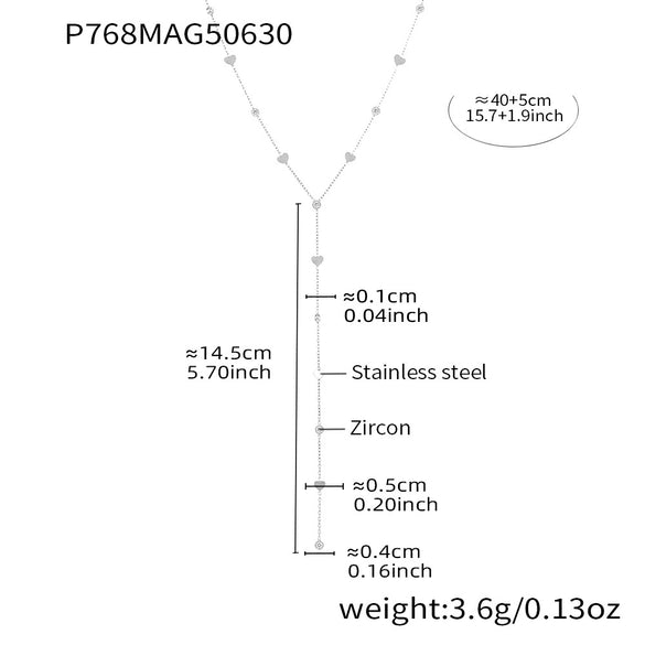 Wholesale Heart Shaped Zircon Y Shaped Tassel Women's Necklace In Stacked Stainless Steel With 18K Gold Electroplating