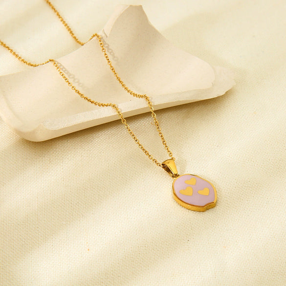 Wholesale Heartshaped Geometric Purple Enamel Stainless Steel 18K Gold Plated Pendant Necklace With Glue Design For Women