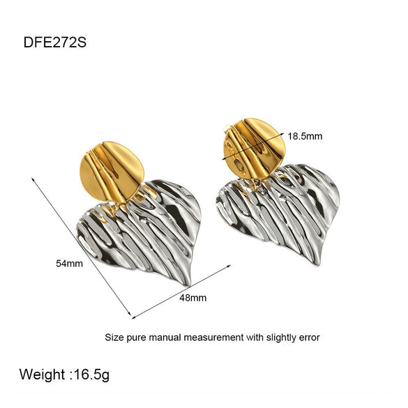 Wholesale Heartshaped Geometric Striped Pleated Colorblocking 18K Gold Plated Stainless Steel Earrings For Women