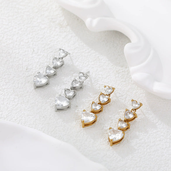 Wholesale Heartshaped Geometric Zircon Electroplated Stainless Steel And 18K Gold Earrings For Women