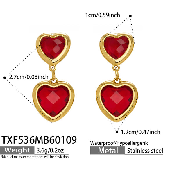 Wholesale Heartshaped Glass Stone Earrings Necklace And Bracelet Set With 18K Gold Plated Stainless Steel Chain For Women