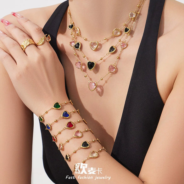 Wholesale Heartshaped Glass Stone Earrings Necklace And Bracelet Set With 18K Gold Plated Stainless Steel Chain For Women