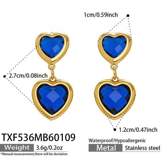 Wholesale Heartshaped Glass Stone Earrings Necklace And Bracelet Set With 18K Gold Plated Stainless Steel Chain For Women