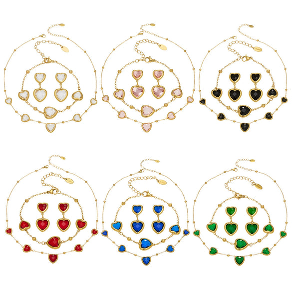 Wholesale Heartshaped Glass Stone Earrings Necklace And Bracelet Set With 18K Gold Plated Stainless Steel Chain For Women