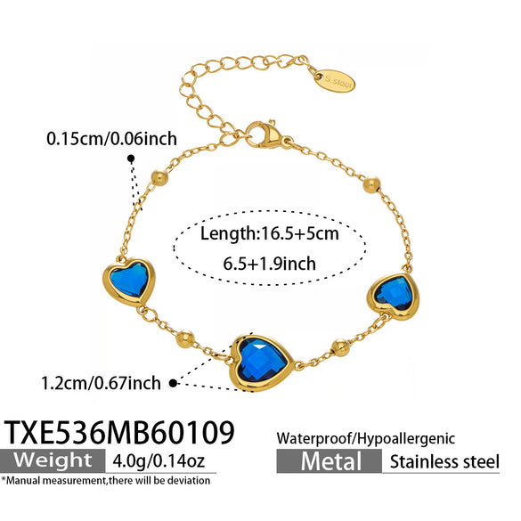 Wholesale Heartshaped Glass Stone Earrings Necklace And Bracelet Set With 18K Gold Plated Stainless Steel Chain For Women