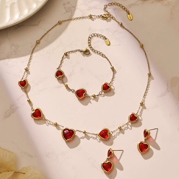 Wholesale Heartshaped Glass Stone Earrings Necklace And Bracelet Set With 18K Gold Plated Stainless Steel Chain For Women