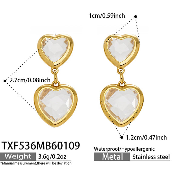 Wholesale Heartshaped Glass Stone Earrings Necklace And Bracelet Set With 18K Gold Plated Stainless Steel Chain For Women