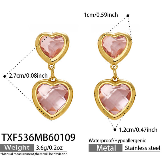 Wholesale Heartshaped Glass Stone Earrings Necklace And Bracelet Set With 18K Gold Plated Stainless Steel Chain For Women