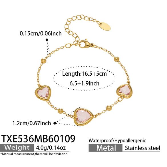 Wholesale Heartshaped Glass Stone Earrings Necklace And Bracelet Set With 18K Gold Plated Stainless Steel Chain For Women