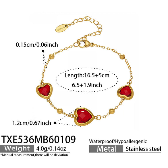 Wholesale Heartshaped Glass Stone Earrings Necklace And Bracelet Set With 18K Gold Plated Stainless Steel Chain For Women
