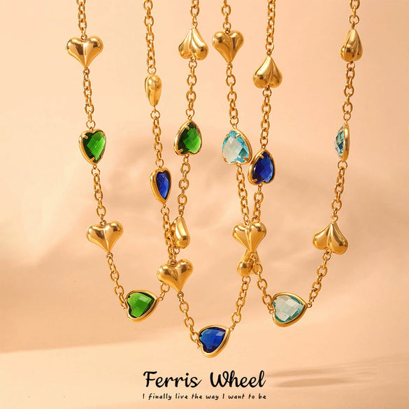 Wholesale Heartshaped Goldplated Stainless Steel And Czech Glass Ferris Wheel Super Flash Light Luxury Unisex Jewelry Set With Necklace And Hand Jewelry