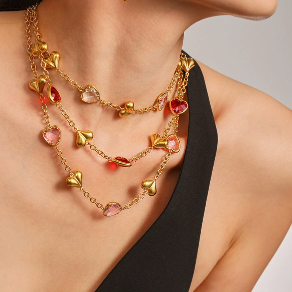 Wholesale Heartshaped Goldplated Stainless Steel And Czech Glass Ferris Wheel Super Flash Light Luxury Unisex Jewelry Set With Necklace And Hand Jewelry