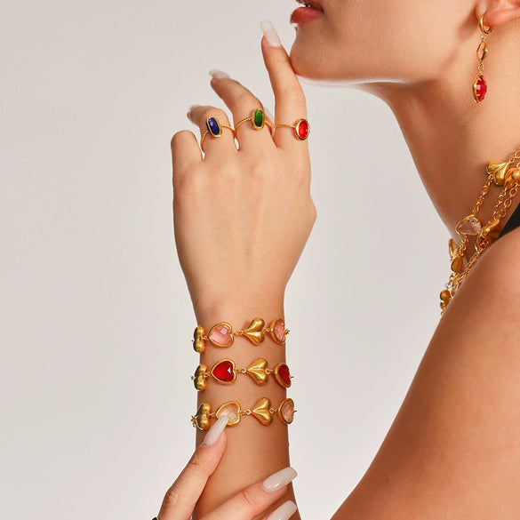 Wholesale Heartshaped Goldplated Stainless Steel And Czech Glass Ferris Wheel Super Flash Light Luxury Unisex Jewelry Set With Necklace And Hand Jewelry