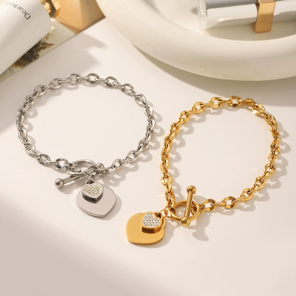 Wholesale Heartshaped Ot Buckle Bracelet For Women Stainless Steel With Pvd Vacuum Plating Inlay And Electroplating