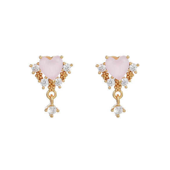 Wholesale Heartshaped Pink Zircon Earrings Brass 925 Silver Needle Electroplated Cute Jewelry