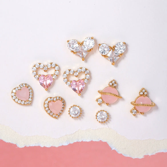 Wholesale Heartshaped Pink Zircon Earrings Brass 925 Silver Needle Electroplated Cute Jewelry