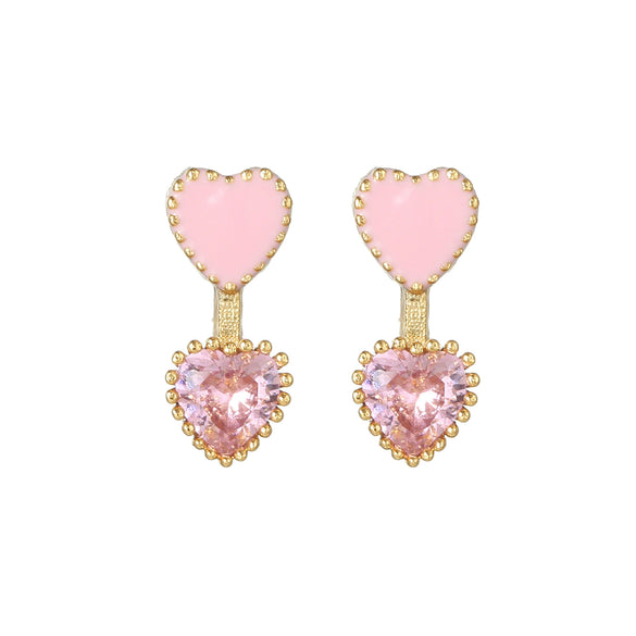 Wholesale Heartshaped Pink Zircon Earrings Brass 925 Silver Needle Electroplated Cute Jewelry
