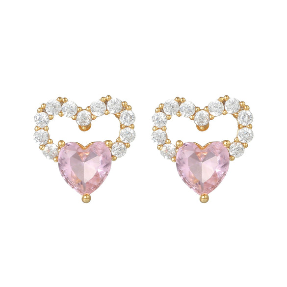 Wholesale Heartshaped Pink Zircon Earrings Brass 925 Silver Needle Electroplated Cute Jewelry