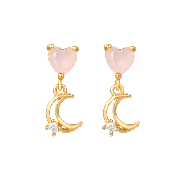 Wholesale Heartshaped Pink Zircon Earrings Brass 925 Silver Needle Electroplated Cute Jewelry