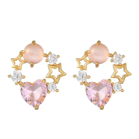 Wholesale Heartshaped Pink Zircon Earrings Brass 925 Silver Needle Electroplated Cute Jewelry